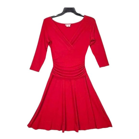 London Times Woman Size 10  Red Long Sleeve Shift Flare Pleated Dress - Picture 6 of 8